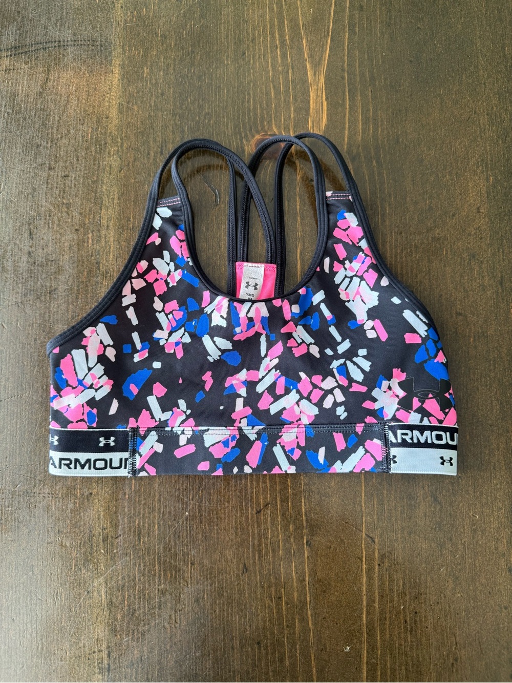 Under Armour Black Sports Bra with Pink, Blue and White Abstract Print